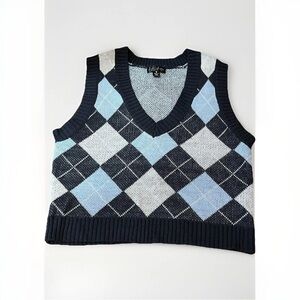 Womens Sweater Vest Blue / Grey Argyle 90s Y2K Academia Clueless size L